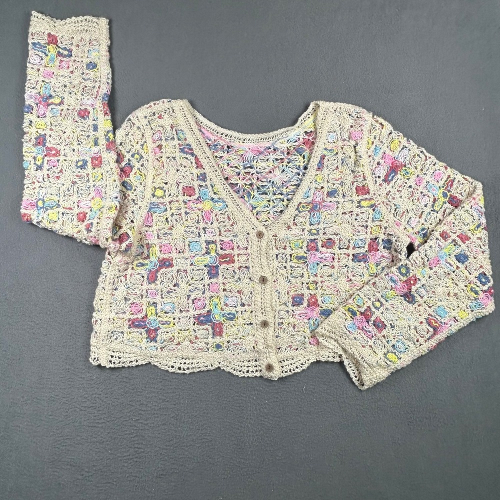 Unbranded Crochet Cardigan Womens M Beige Multi Color Floral Boho Open Knit Crop